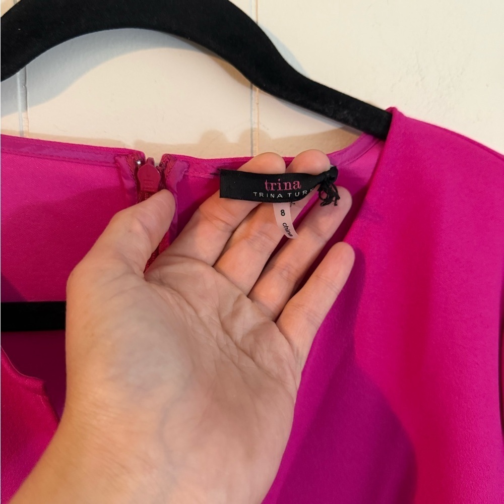 Trina Turk Hot Barbie Pink Long Statement Sleeve Split Neck Shift Dress 8 - Picture 5 of 11